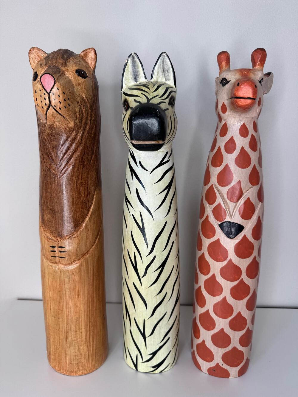 Hand Carved Wood Bear Zebra Giraffe Figurines Folk Art Decor 15” Set of 3